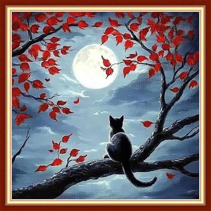 Redxing Stamped Cross Stitch Kits Embroidery kit for Beginners Adults Full Range of Embroidery Patterns Starter Kits DIY Printed Cross Stitch Kits Needlepoint Kits 11CT-Cat Admiring Moon 18x18 inchs
