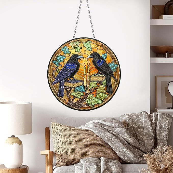 Pavemlo Hanging Diamond Art Kits for Adults Halloween Crow – 8x8 Inch Double-Sided Acrylic Board DIY Crystal Diamond Suncatcher Pendant, Sparkling Home Wall or Window Decoration Handmade Gift