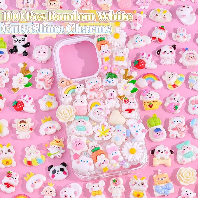 100PCS White Slime Charms Cute Flatback Resin Charms for Slime, Random Kawaii Decoden Charm for Embellishments Phone Junk Case Charms Bulk, Hairpins Scrapbooking Crafting & DIY Decoration