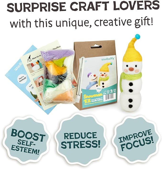 Woolbuddy Needle Felting Kit - Snowman Christmas, Complete Felting Kit for Beginners & Adults, Includes Needle Felting Supplies, Felting Mat, Felting Wool, and Felting Needles for Crafting Fun