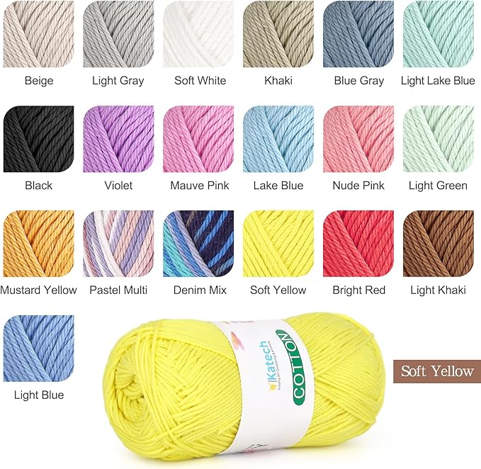 Katech Pure Cotton Yarn for Crocheting & Knitting–Soft Sport Weight CYC #2, 6 Skeins (50g Each, 300g Total), Ideal Crochet Yarn for Dishcloths, Baby Clothes, Socks, Lightweight Scarves（Soft Yellow）