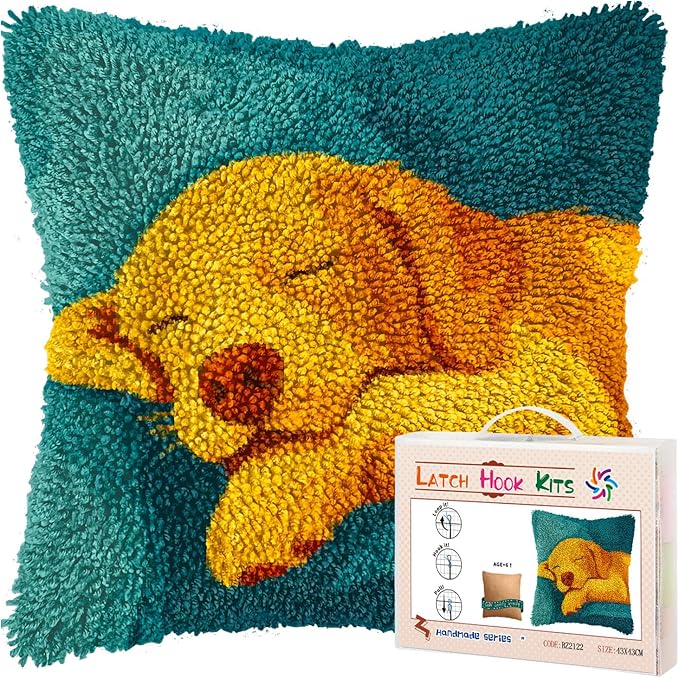 DIY Latch Hook Pillow Kits for Adults Sleeping Golden Retriever Puppy on Sofa Printed Pillowcase Crochet Yarns Hooking Handmade Pillow Cover Cushion for Home Sofa Decor 17x17inch(3)
