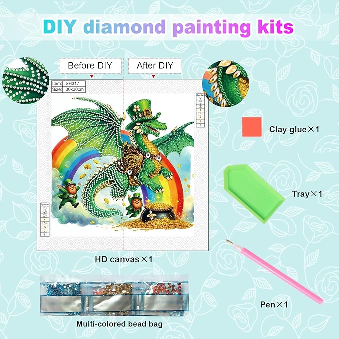 MVVMTOP Diamond Painting Kit St Patrick’s Day Dragon and Rainbow Shamrock Lucky Coins Special Shaped 5D Partial Crystal Diamond Art DIY Wall Decor Gift