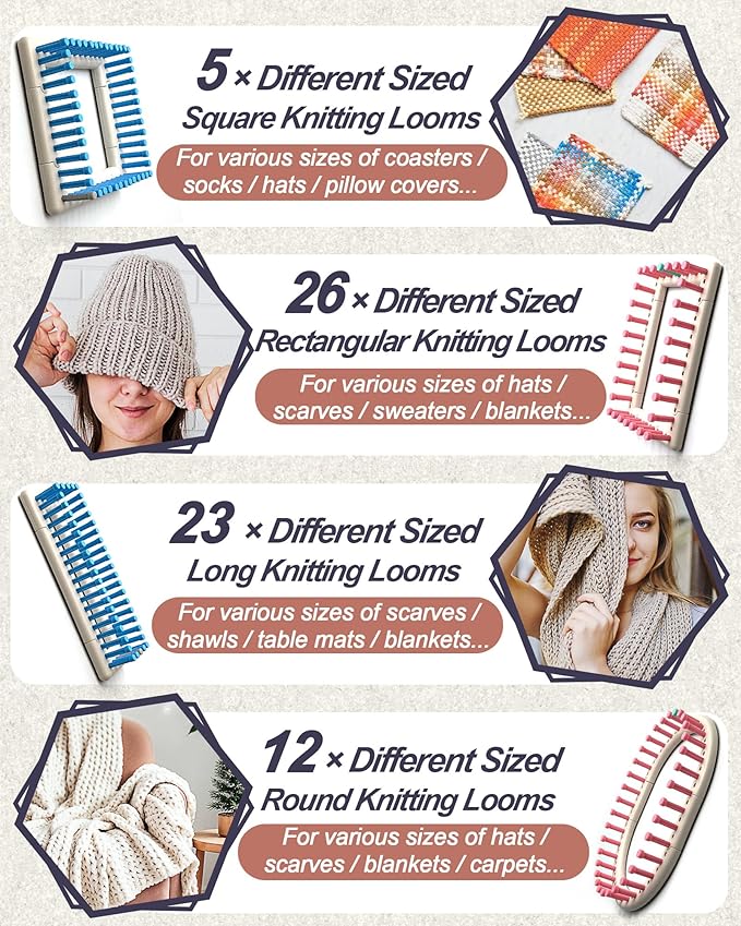 UCDRMA Upgraded Large Adjustable Loom Knitting Kit with Removable-pegs, Up to 132 Sizes & Shapes Weaving Knitting Loom for Blankets/Scarves/Hats, Beginners Infinity Crochet Loom Kit with Instructions