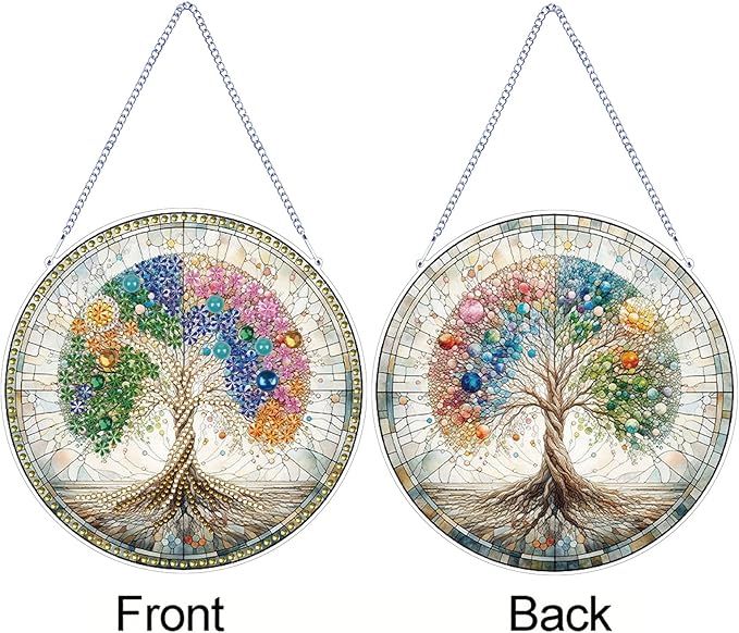 STGLCR DIY 5D Tree of Life Diamond Painting Kits Hanging Sign Wall Art Sign Tree Diamond Art Suncatcher Window Hanging Ornament Window Pendants Home Garden Wall Door 7.8inch