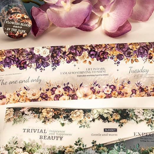Kesari Flower Tape Stickers for Scrapbooking Supplies, 6 Rolls Floral Themed PET Washi Transparent Scrapbook Stickers for Journaling,Junk Journal Supplies, Planer (Dark Night)