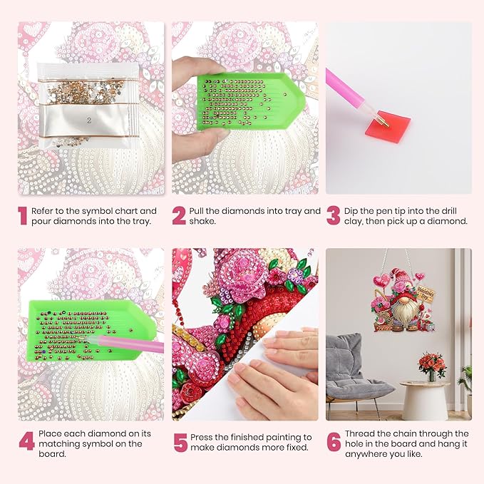 MXJSUA Diamond Art Hanging Kits for Adults Beginners, Valentine's Day Gnomes DIY Acrylic Special Shaped Crystal Diamond Gem Art Pendant Drills Painting Ornament for Home Wall Decor and Gift