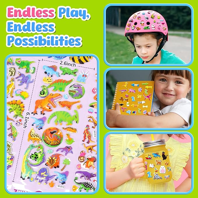 sinceroduct 3200+ 3d puffy stickers, 64 unique sheets ultimate kids sticker, kids‘s preschool sticker sheets for reward, craft, scrapbooking,gifts including animal, fruits, dinosaurs, cars and more.