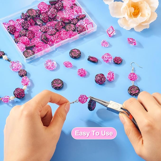 FASHEWELRY 90Pcs Hot Pink Black Acrylic Beads Rose Flower Beads Assorted Cute Flower Loose Beads Bulk Kawaii Vintage Bead for Bracelets Necklace Key Chains Jewelry Making
