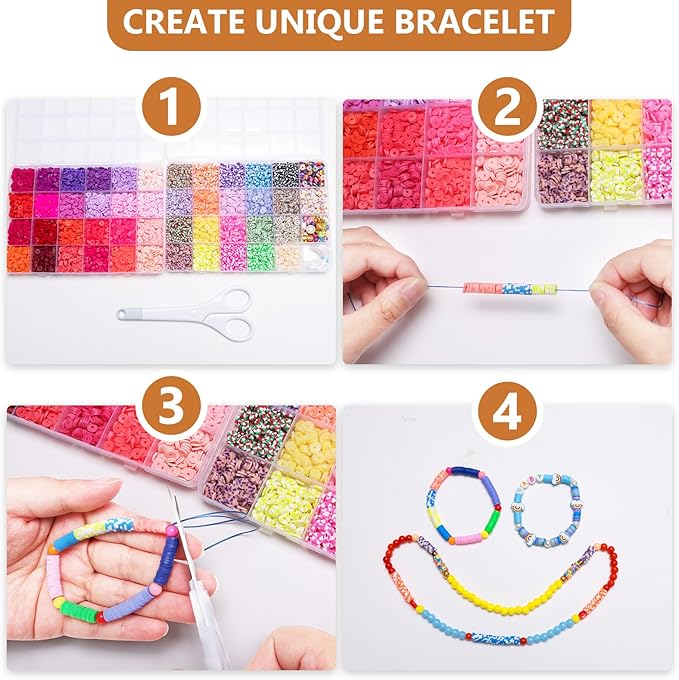 XSEINO 23000Pcs Clay Beads Bracelet Making Kit, 6Boxes 125Colors Friendship Polymer Beads and 5 Styles Letter Beads with Jewelry Making Accessories and 3 Rolls Crystal Cord for Crafts Christmas Gifts