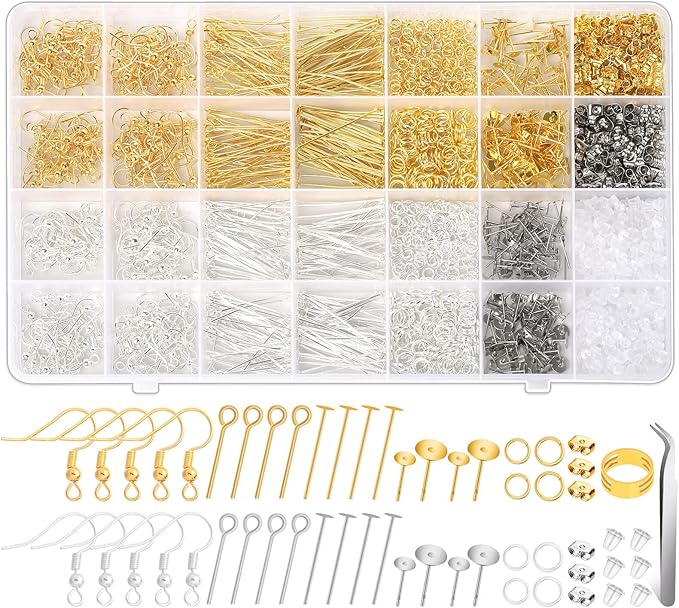 Modacraft 2000Pcs Earring Making Supplies Kit - Hypoallergenic, Includes Hooks, Findings, Posts, Backs, Pins, Jump Rings for Jewelry Making
