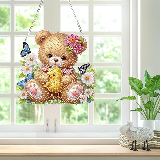 Bowetile Bear and Chick Diamond Art Hanging Kits for Adults, 5D Special Shape Diamond Painting Window Pendant Kits, Animal Gem Art Suncatchers Ornament for Home Garden Wall Decor