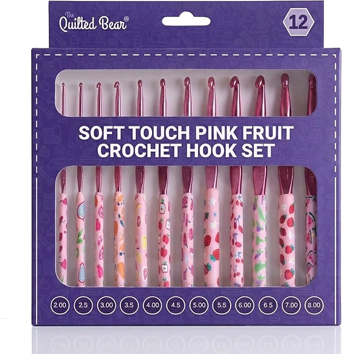 The Quilted Bear Pink Fruit Crochet Hook Set - 12 Ergonomic Soft Grip Crochet Hooks Set with Light Polymer Clay Handle for Comfortable Crocheting & Knitting (2mm-8mm)