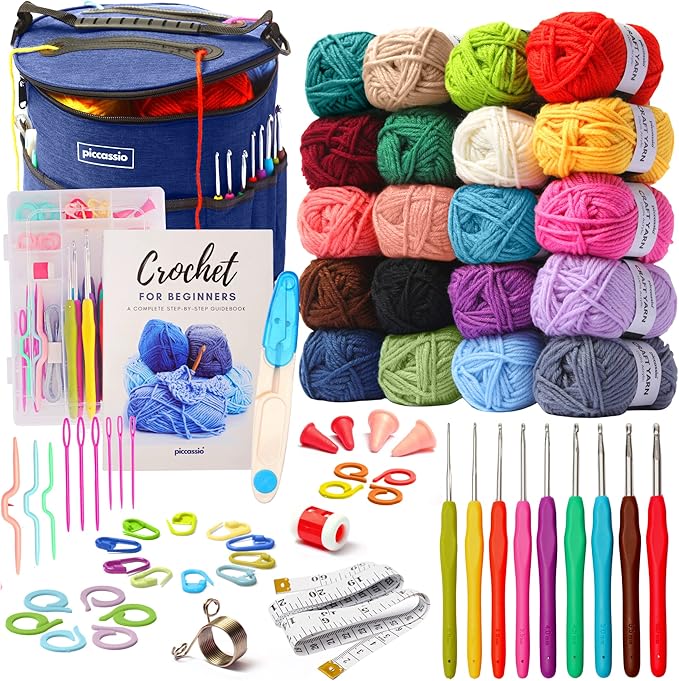 Piccassio Crochet Kit for Beginners – Complete Starter Set for Adults & Teens with 20 Yarn Colors, Hooks, Book & Organizer Bag – Learn to Make Amigurumi, Plushies & Handmade Gifts