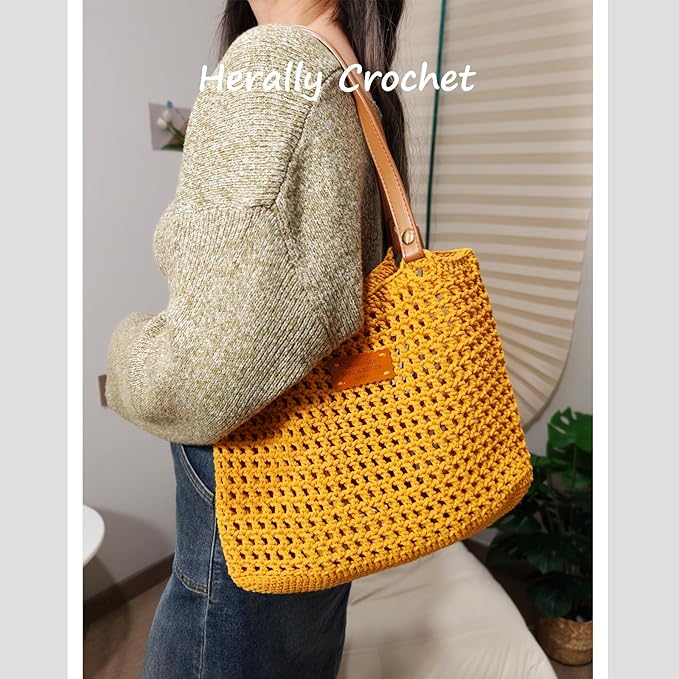 Herally Crochet Kit DIY Bag for Beginners - Include Yarn, Hook and Accessory - with Step by Step Video Tutorials - Crochet Tote Bag (Yellow)