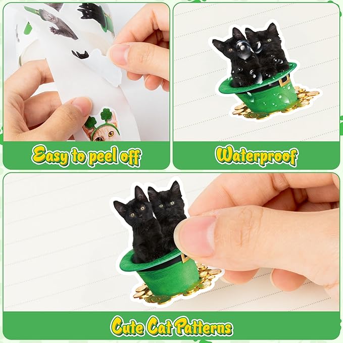 h1vojoxo st. patrick's day cat stickers - 1000pcs irish shamrock holiday cat stickers for kids 16 designs st. patrick's cute cat realistic sticker for craft st. patrick funny cat stickers for envelope