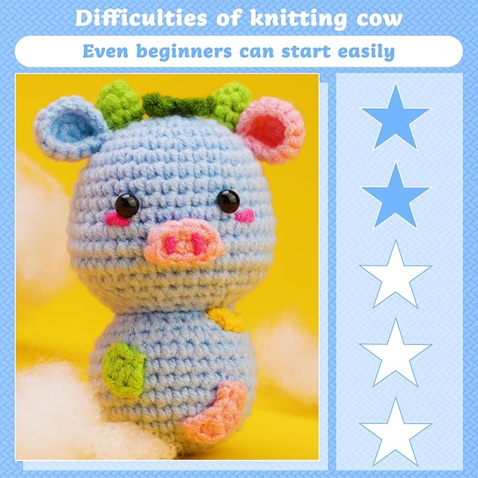 SAMLMAP Crochet Kit for Beginner Learn to Animal Amigurumi Crochet Kit Adult Kit with Step-by-Step Instructions and Video Tutorials Cow Mushroom Potted Plant Coasters