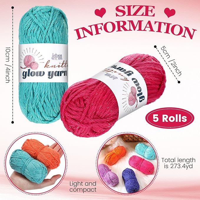 WILLBOND 5 Rolls Glow in The Dark Magic Yarn Luminous Neon Crochet Yarn for Crocheting DIY Knitting Glow Fingering Sewing Supplies for Crafts Sewing Party 54.7 yd Per Roll (Elegant Colors)