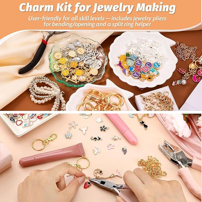 544 Pcs DIY Keychain Making Kit - Complete Making Set with Enamel Charms, Gold Chains, Pliers & 5 Pouches | All-in-One Supplies for Keychain Making, Gifts for Mom, Women, Best Friend & Beginers
