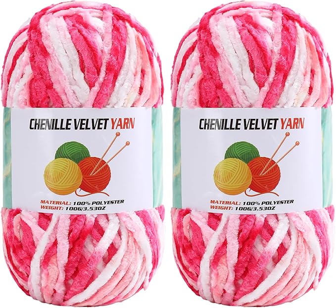 2 * 100g Velvet Chenille Chunky Yarn, Handcrafts Weaving Soft Chenille Yarn for Crocheting Clearance, Used for Making Baby Yarn Blanket, Clothes, Knitting Creations (Colorful - H)