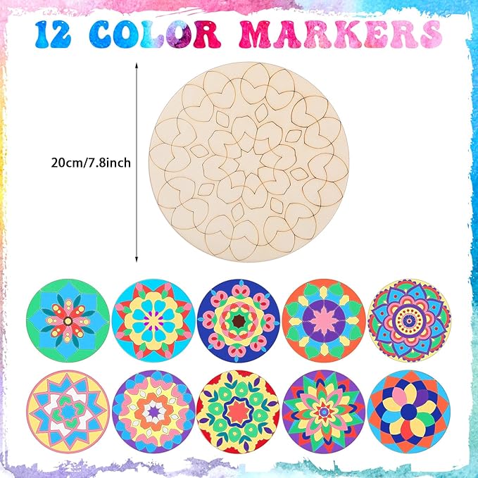 22 Pcs Wooden Mandala Painting Set 10 Mandala Unfinished Wood Cutouts with 12 Markers for Crafts Diwali Craft Wood Slices for Adults Painting DIY Tags Wedding Home Decors(Classic Style)