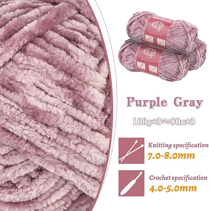 LUNARM Chenille Yarn for Crocheting Knitting, 3 Skein 263 Yard Thick Soft Chunky Fluffy Weaving Plush Yarn for Blankets Clothes Pattern Creations with Big Eye Needles(Purple Gray)