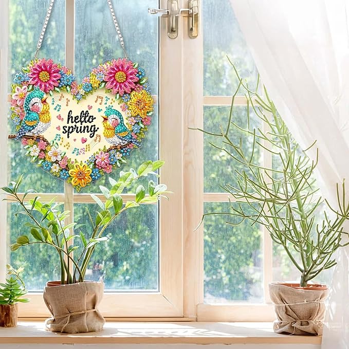 CEOVR Spring Brids Hanging Diamond Painting, Brids Sing Diamond Art for Adults Pendant DIY Spring Flowers Gem Art Wall Hanging Ornament, Acrylic Home Garden Decor with Chain, Box Kit 7.77×7.16inch