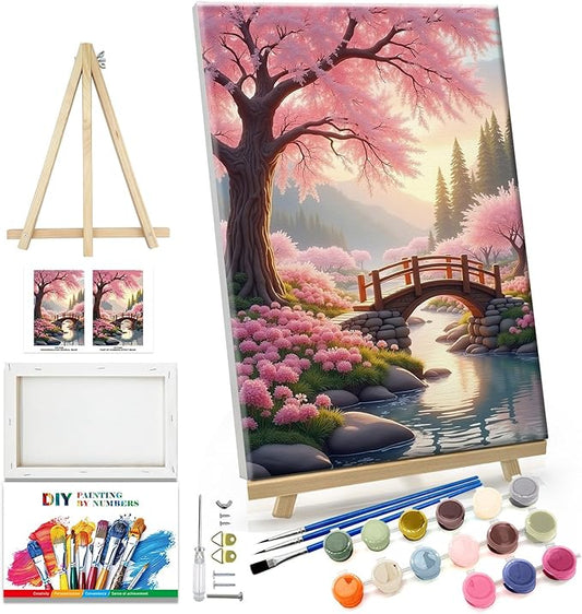JOOZ Sakura Paint by Numbers Kit for Adults with Frame Landscape Paint by Number with Easel Lake Adult Paint by Number Kits Framed Canvas Mountain Oil Painting Kits for Home Wall Decor 8x12 Inch