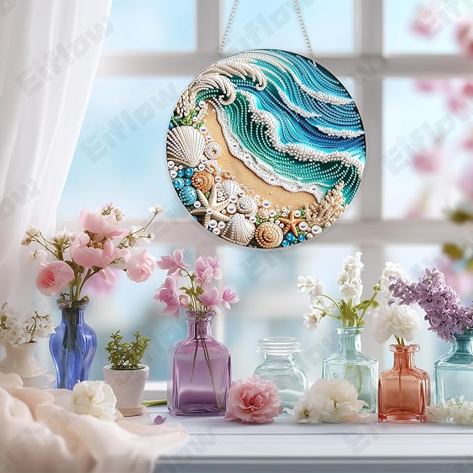 Eiflow Acrylic Diamond Art Hanging Kit for Adults, DIY Diamonds Painting Door Hanging Board Kit, Special Crystal Diamond Art Painting Pendant Ornament (Beach)
