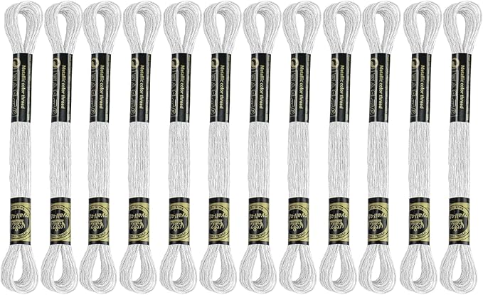 12 Skeins Embroidery Floss, White Metallic Embroidery Thread Polyester Cross-Stitch Threads for Hand Embroidery String Art DIY Creation