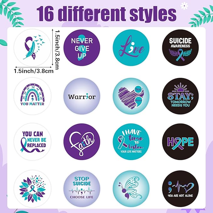 beyumi suicide awareness roll stickers - 1000pcs suicide prevention awareness stickers in 2 rolls waterproof vinyl teal purple ribbon decals laptop bottle notebook luggage gift decor for kids teens