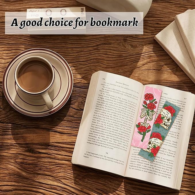 NEGEKFKX 4 Pcs Skeleton Cross Stitch Bookmark Kit for Adult Beginners,Skull Flower Cross Stitch Kits 14 CT DIY Cross Stitch Kits Adult Stamped Bookmark Embroidery Bookmarks Kit