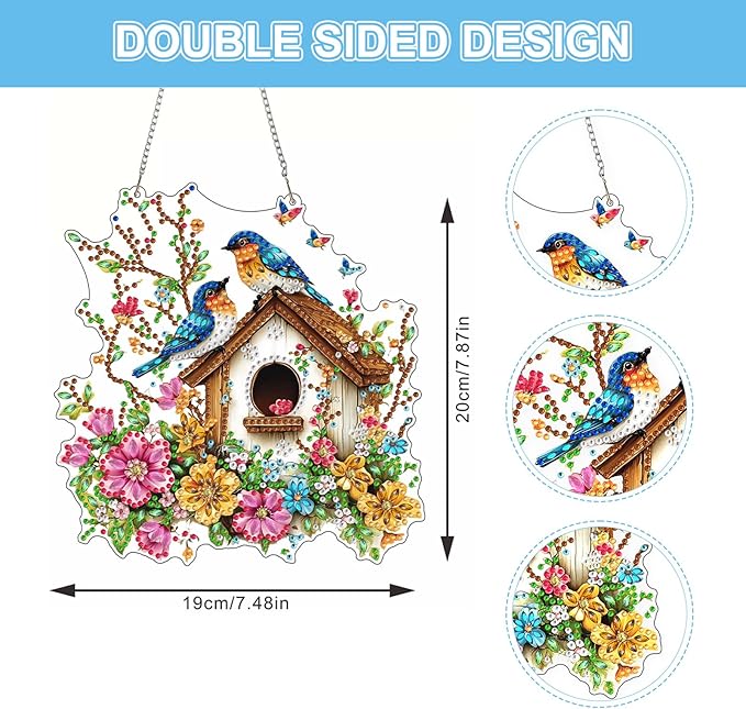 Lxmsja DIY Colorful Birdhouse Diamond Painting Hanging Ornament, Double-Sided Acrylic Flowers Branches Diamond Art Kit, Special Shaped Suncatcher Hanging Pendant Window Art Kit 8x7 inch
