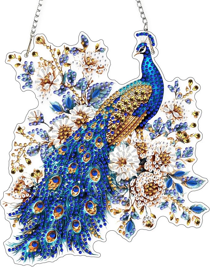 Lxmsja DIY Peacock Diamond Painting Hanging Ornament, Double-Sided Acrylic Sparkling Flowers Diamond Art Kit, Special Shaped Suncatcher Hanging Pendant Window Art Kit 8x7 inch