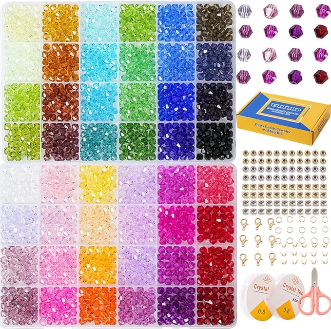 YITOHOP Bicone Glass Beads,1500pcs 48 Colors 6mm Sparkly Crystal Beads, Faceted Bracelet Beads Loose Craft Bead for Friendship Bracelet Necklace Earring Jewelry Making