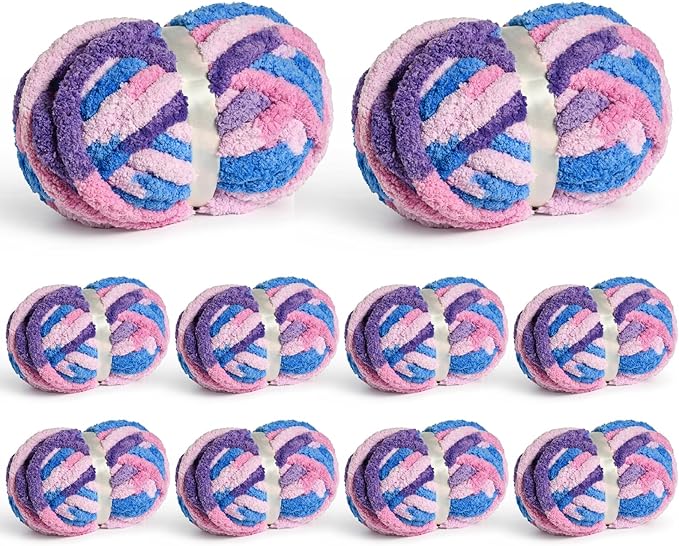 10 Pack Jumbo Chunky Yarn for Hand Knitting, Fluffy Chunky Chenille Yarn for Crocheting, Variegated Chunky Knit Baby Blanket Yarn, 240 yds /70.5 oz Super Bulky Yarn (Blue-Pink-Purple)