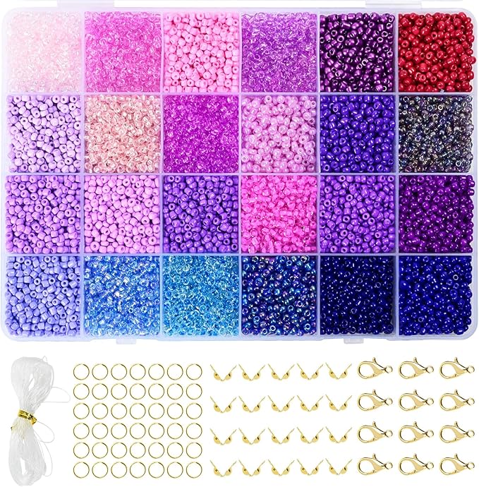 Vtssvow 3mm Glass Seed Beads for Bracelets Making, 24 Colors 10000pcs Friendship Bracelet Making Kit, Small Glass Beads for Jewelry Making (Mix 24 Color, Purple)