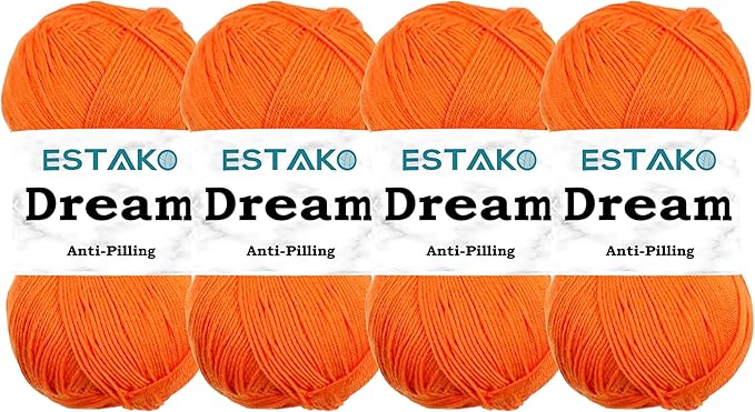Estako Dream, (4 Skeins Pack) 100% Microfiber Acrylic Yarn, Soft, Super Fino/Fingering Weight (1) for Crochet and Knitting (4 x 3.5 Oz) / (4 x 382 Yrds) (72044 - Orange)