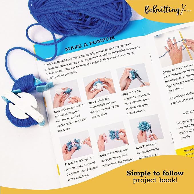 BeKnitting Knitting Kit for Beginners Adults & Kids - Learn to Knit - Yarn, Pompom Makers, Needles & Other Supplies | Holiday Gifts, Gift-Ready Box