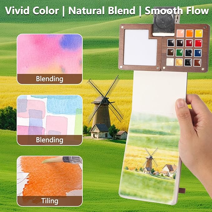Mini Watercolor Paint Set, Professional Watercolor Set with 15 Colors, Storage Bag, Brush, Cup, Palette & Sketchbook, Portable Travel Paint Kit for Outdoor Sketching, Plein Air Painting