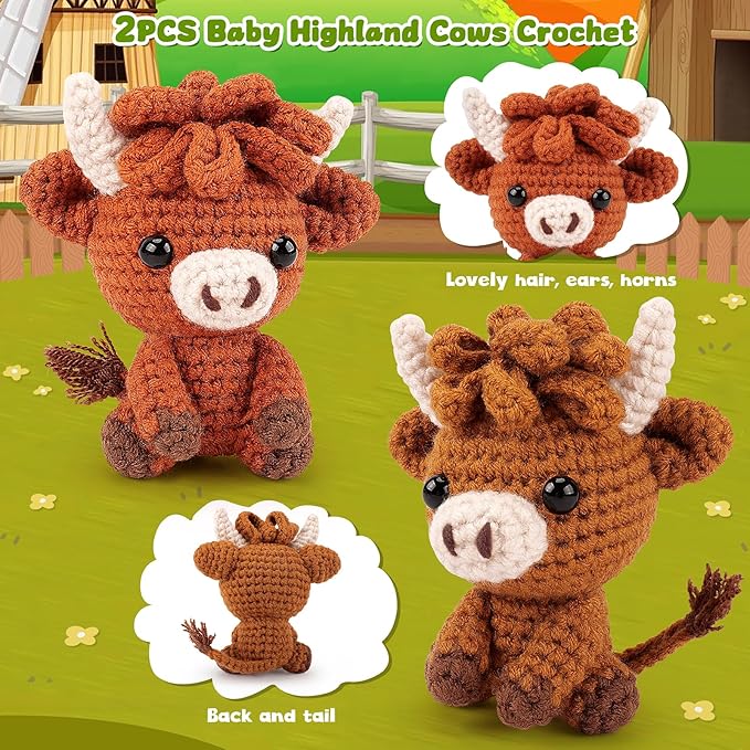 Highland Cow Crochet Kit for Beginners - 2PCS Animals Crochet Kit with Step-by-Step Video Tutorials, Highland Cows Crocheting Kit, Crochet Starter Kit for Adults, Animal Knitting Kit for Birthday