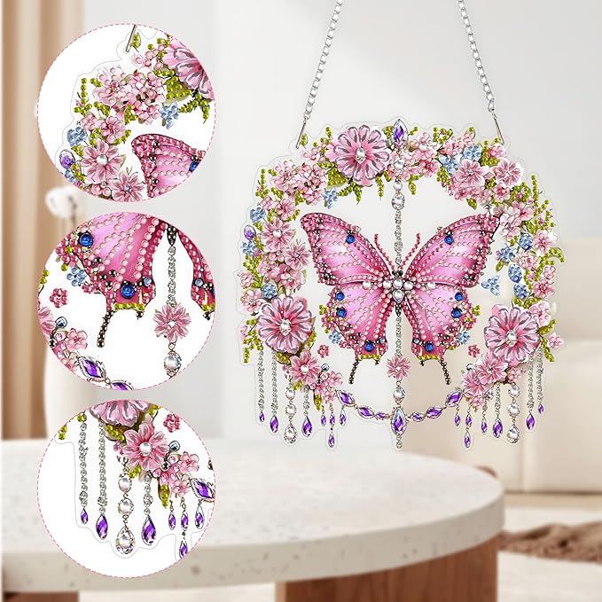 QENSPE Diamond Art Hanging Kits for Adults, 5D Pink Butterfly Special Shape Diamond Paingting Ornaments Kits with Chain, DIY Crystal Window Pendants for Home Garden Wall Decor Double Sided 8X8 inch