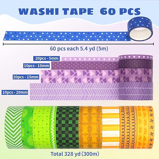 60 Rolls Washi Tape Set - Decorative Adhesive Masking Tape for Scrapbooking Supplies,DIY Crafts,Bullet Journals,Gift Wrapping,Party Decorations and Planners,Each Roll 5.4yd Total 328yd