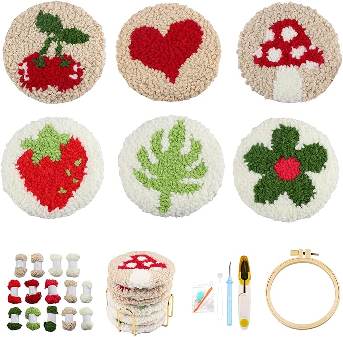 AIRDEA Punch Needle Drink Coasters Kit,Casual Punch Needle Embroidery Complete Kits for Beginner 3.29x3.29 Inches,Included All Accessories,DIY Car Coasters (Beige)