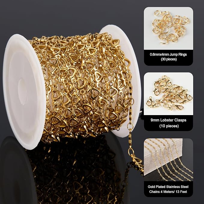 YOUBEIYEE 4 Meters Gold Plated Stainless Steel Jewelry Making Chain Hollow Heart Chain for Jewelry Making with Lobster Clasps Jump Rings