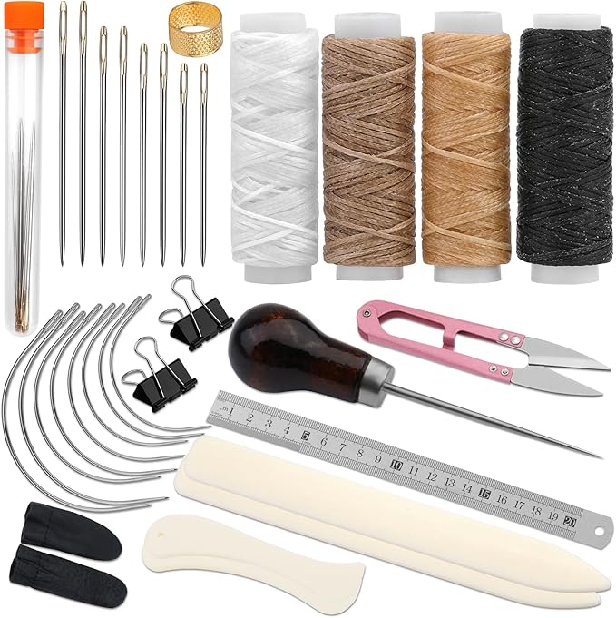 33 Pcs Book Binding Kits 4 Pcs Bone Folder Paper Creaser Paper Folding Tool Book Binding Supplies with Bookbinding Needle, Waxed Thread, Steel Ruler, Awl for Bookbinding, Paper Card Crafts