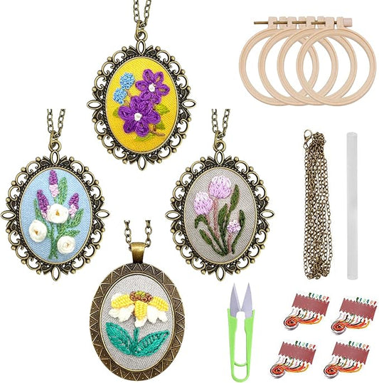 ZOCONE New 4 Packs Embroidery Necklace Kits, Embroidery Pendant Kit Mini Cross Stitch Kit with Hoop, Necklace, Pendant, Stamped Pattern Cloth, Instructions, etc., Embroidery Kits for Adults