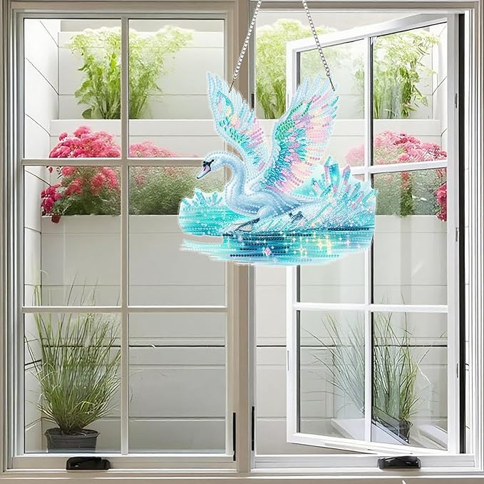 Ristpal Diamond Art Hanging Kits for Adult, Special Shaped Rhinestone, DIY Acrylic Diamond Art Painting Window Pendants Home Garden Wall Hanging Kits for Home Decor and Gifts (Swans)