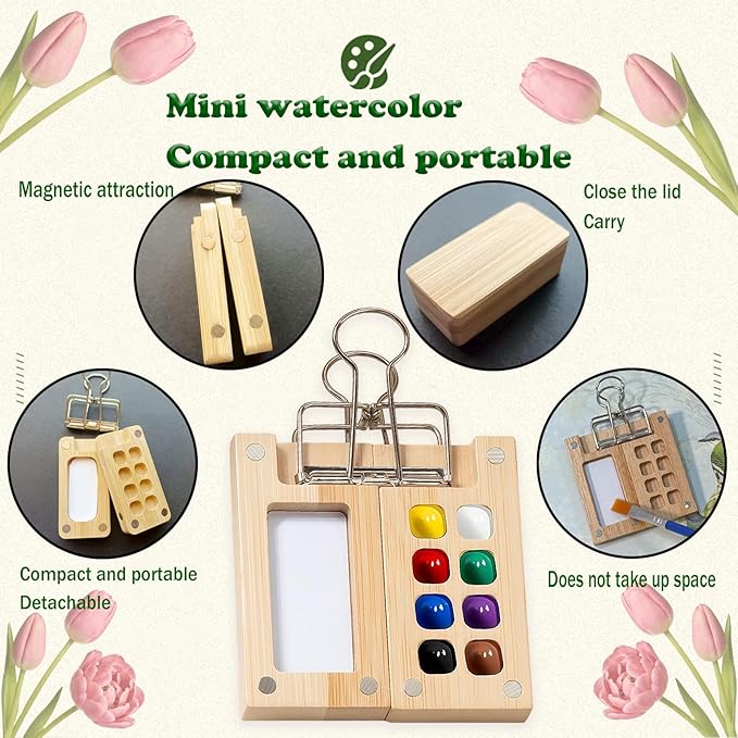 Mini Watercolor Paint Set Bamboo Travel Kit with Watercolor Palette Paintbrush Storage Bag and Water Storage Bottle Ready to Use Watercolor Sets for Artists and Beginners（8 Squares）
