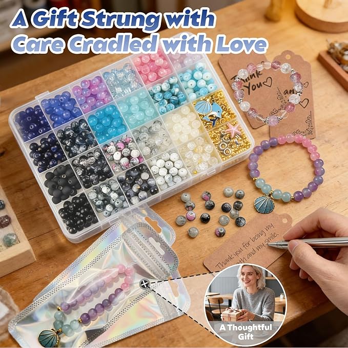 Queenme Beads Bracelet Making Kit: 660pcs 8mm Round Glass Beads 22 Colors with Bracelet Accessories and Elastic String for DIY Jewelry Making at Home for Women